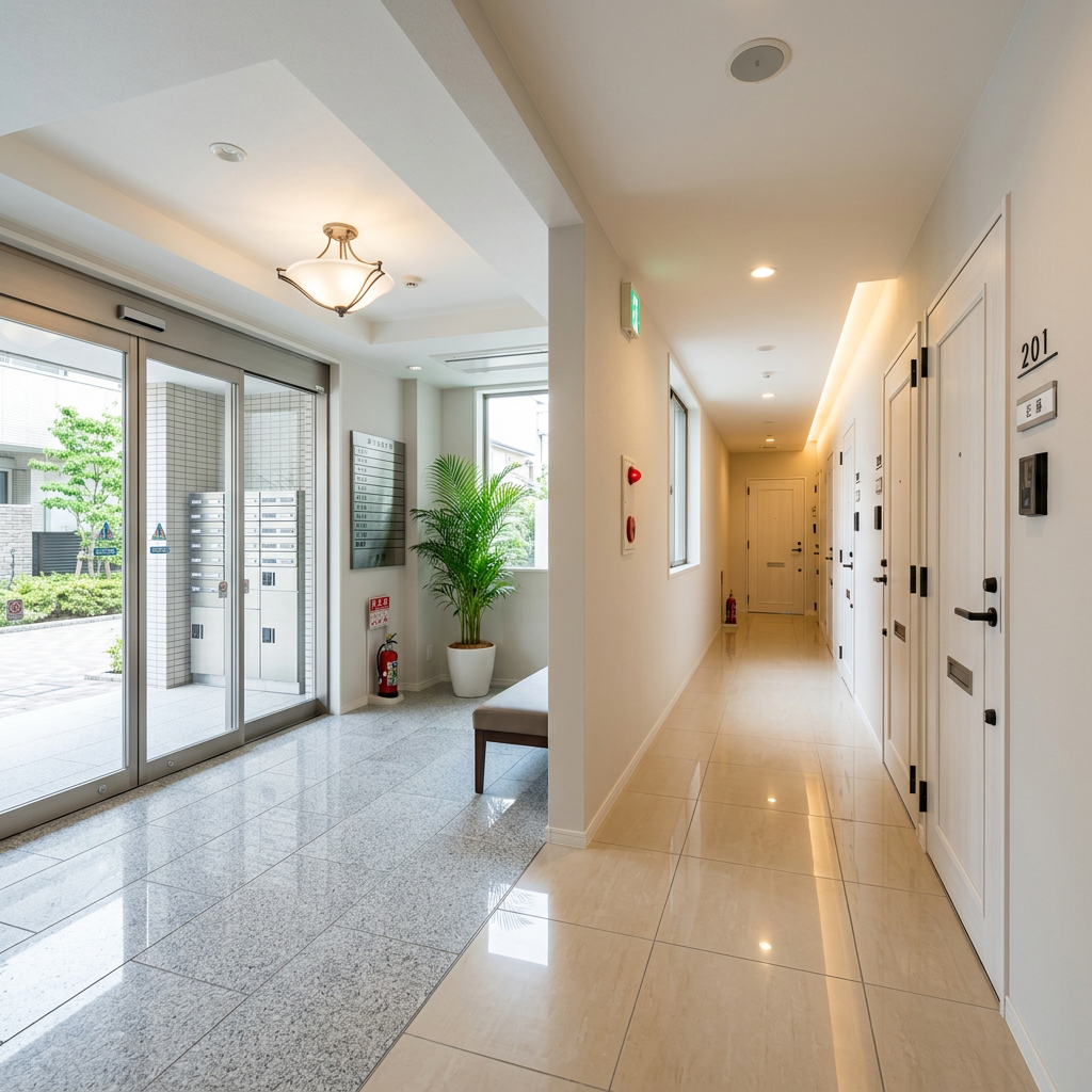 Bright apartment entrance with glass doors, mailboxes, and hallway with doors